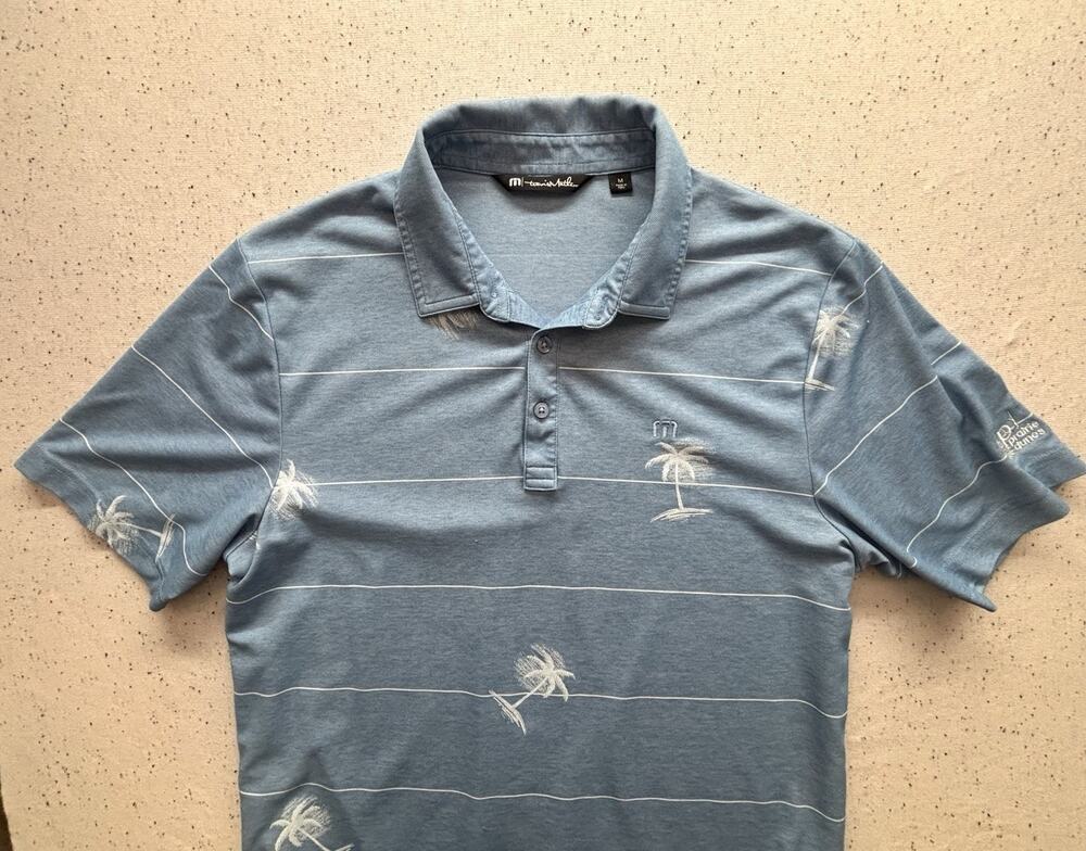 TravisMathew Men's Medium Light Blue Palm Tree Striped Golf Polo Shirt Short